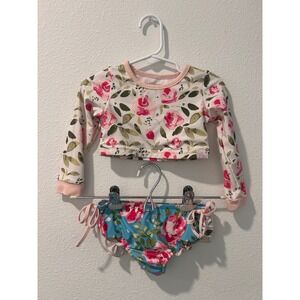 SweetHoney Kids Girls 2T Floral Rash Guard Ruffle Bikini Swimsuit Set Pink/Blue